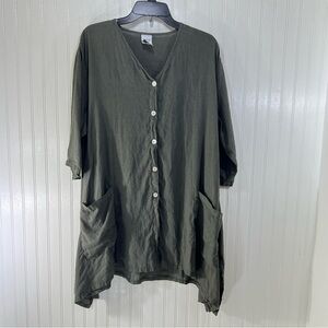 Match Point Linen Olive Green Tunic Size L Made in USA Oversized Boho Lagenlook